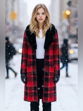 cleo Red and Black Plaid Vest with Black Faux Fur Collar